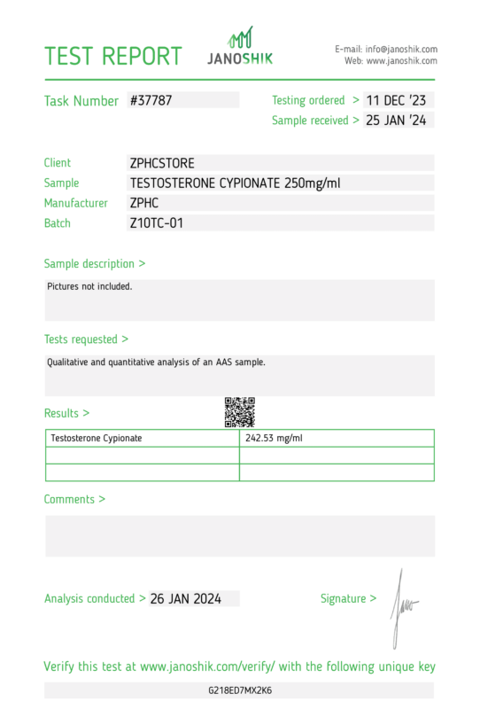 Lab Test Testosterone Cypionate 250mg ZPHC Janoshik