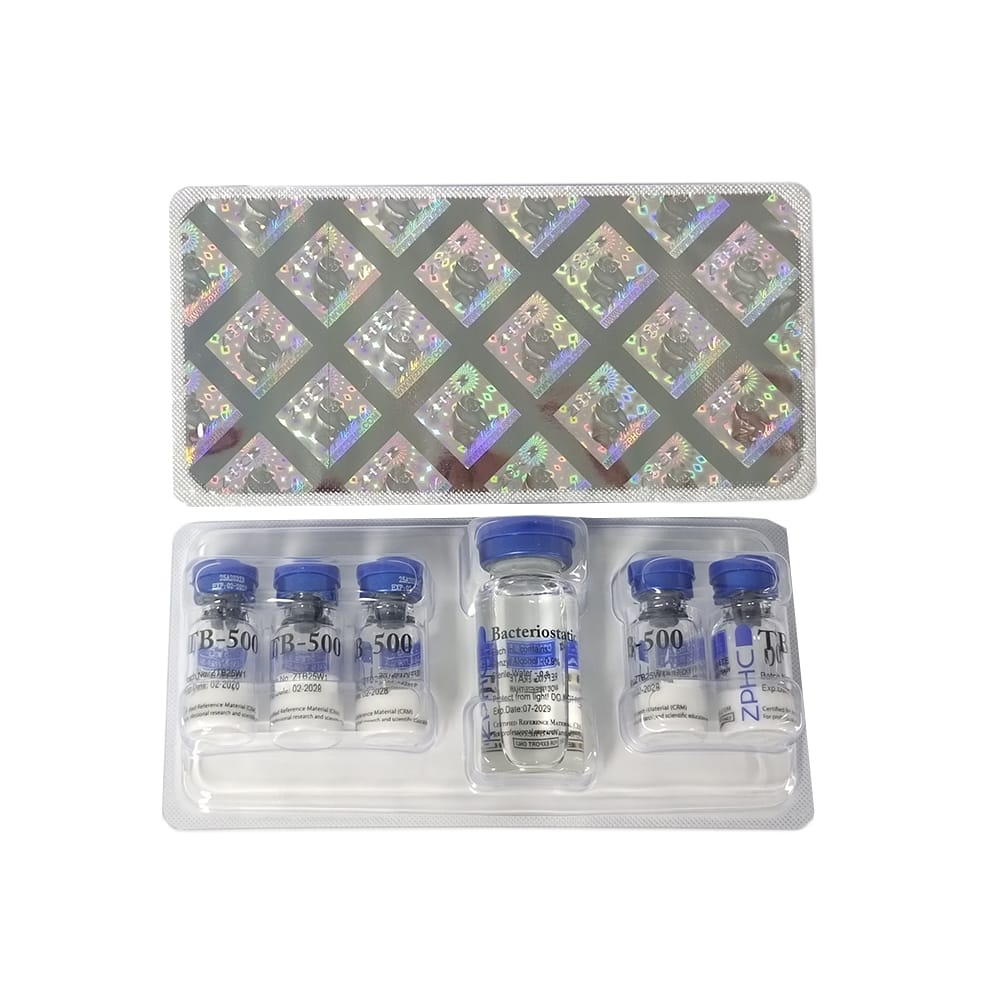 Open box with 5 vials TB-500 ZPHC, total 25 mg peptide (5 mg each)