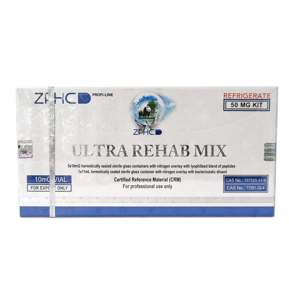 Ultra Rehab Mix ZPHC 50 mg peptide kit — front box (BPC-157 5 mg + TB-500 5 mg, 5 vials × 10 mg)