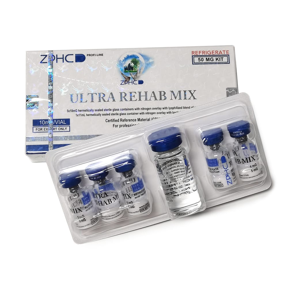 Open box with 5 vials Ultra Rehab Mix ZPHC, total 50 mg peptide (each vial 10 mg: BPC-157 5 mg + TB-500 5 mg)