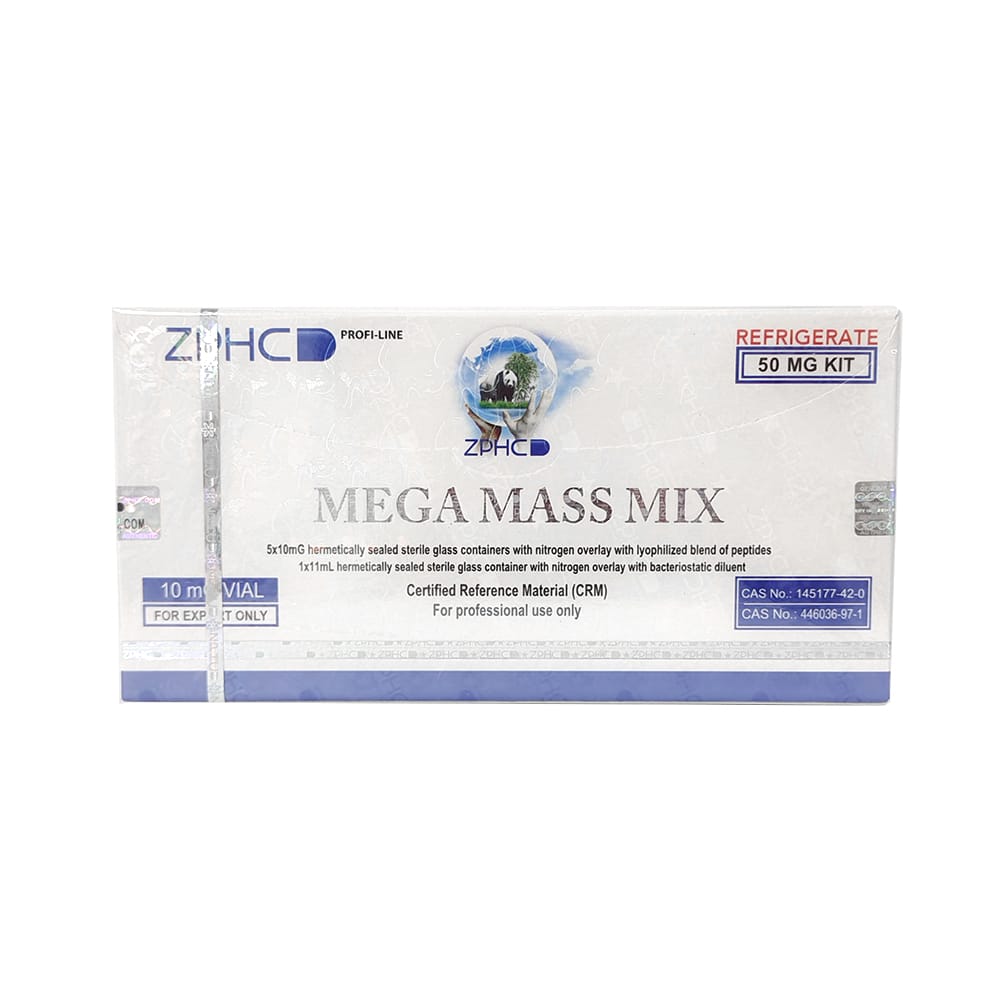 Mega Mass Mix ZPHC 50 mg — box with 5 × 10 mg lyophilised GHRP-6 + CJC-1295 vials